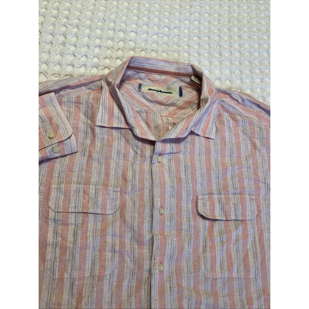 Tommy Bahama Linen Shirt Mens Large Pink Striped Long Sleeve Button Up
